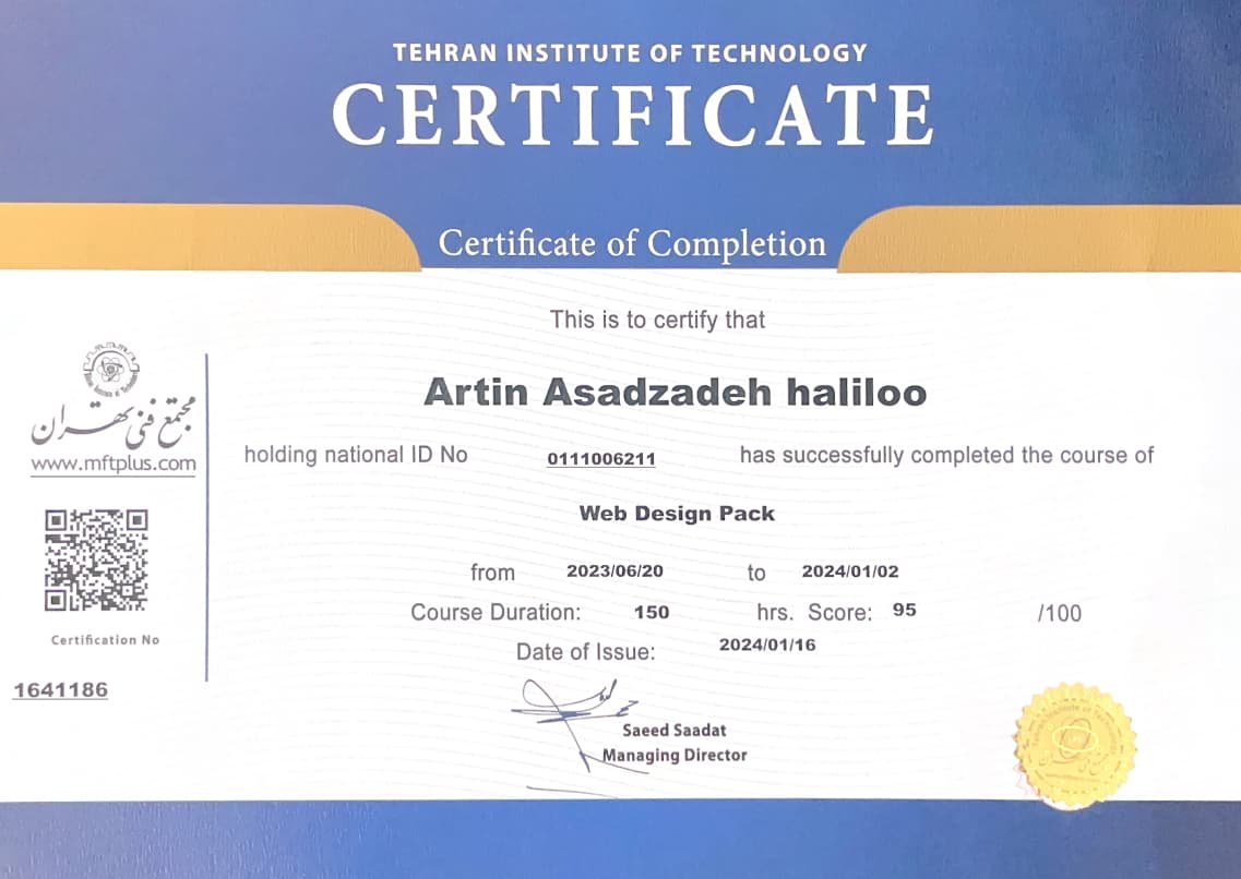 Artin Asadzade frontend development certificate
